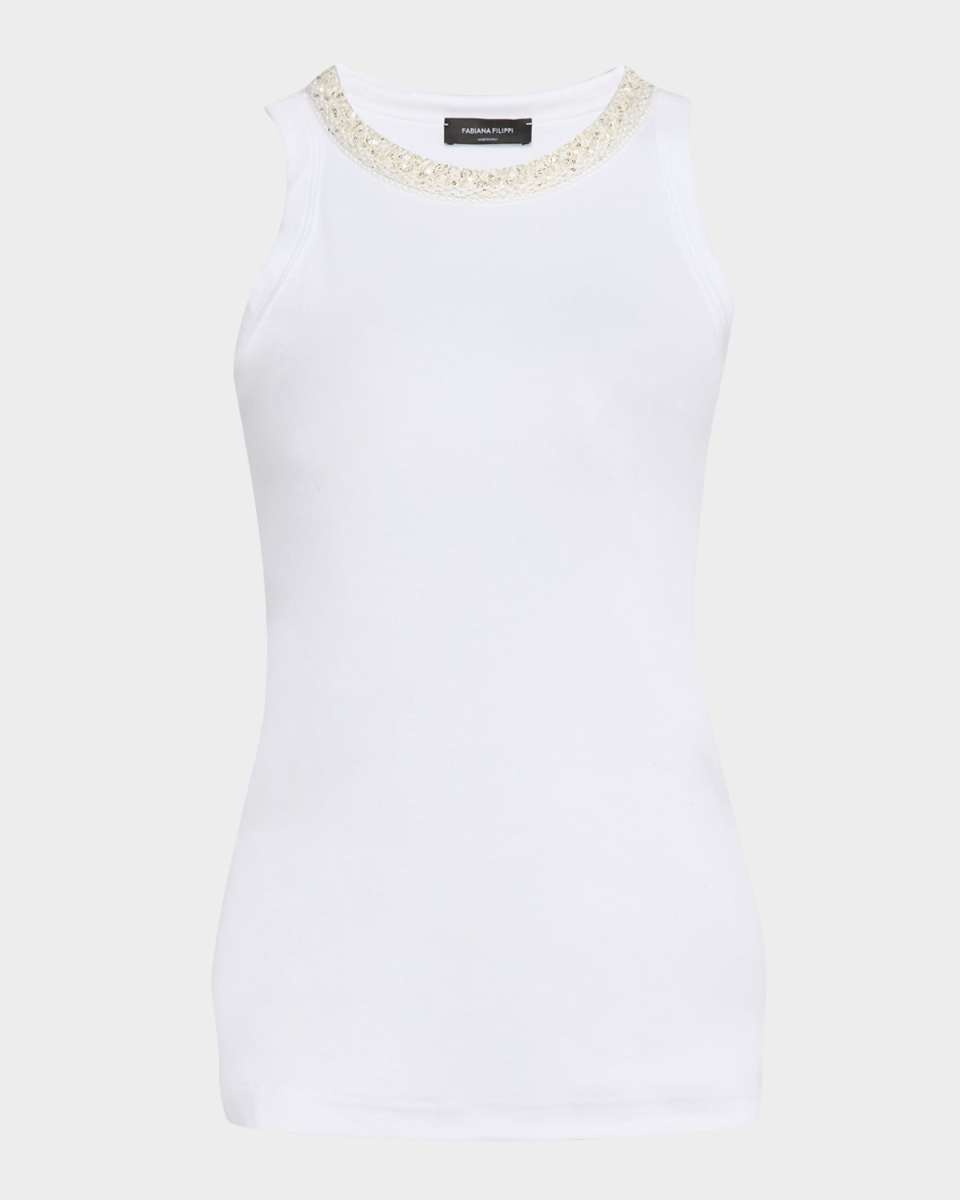 Crewneck Sequin-Trim Rib Knit Jersey Tank